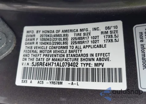 2010 Honda Cr-V Ex-L z USA, uszkodzony, nr VIN 5J6RE4H71AL079402